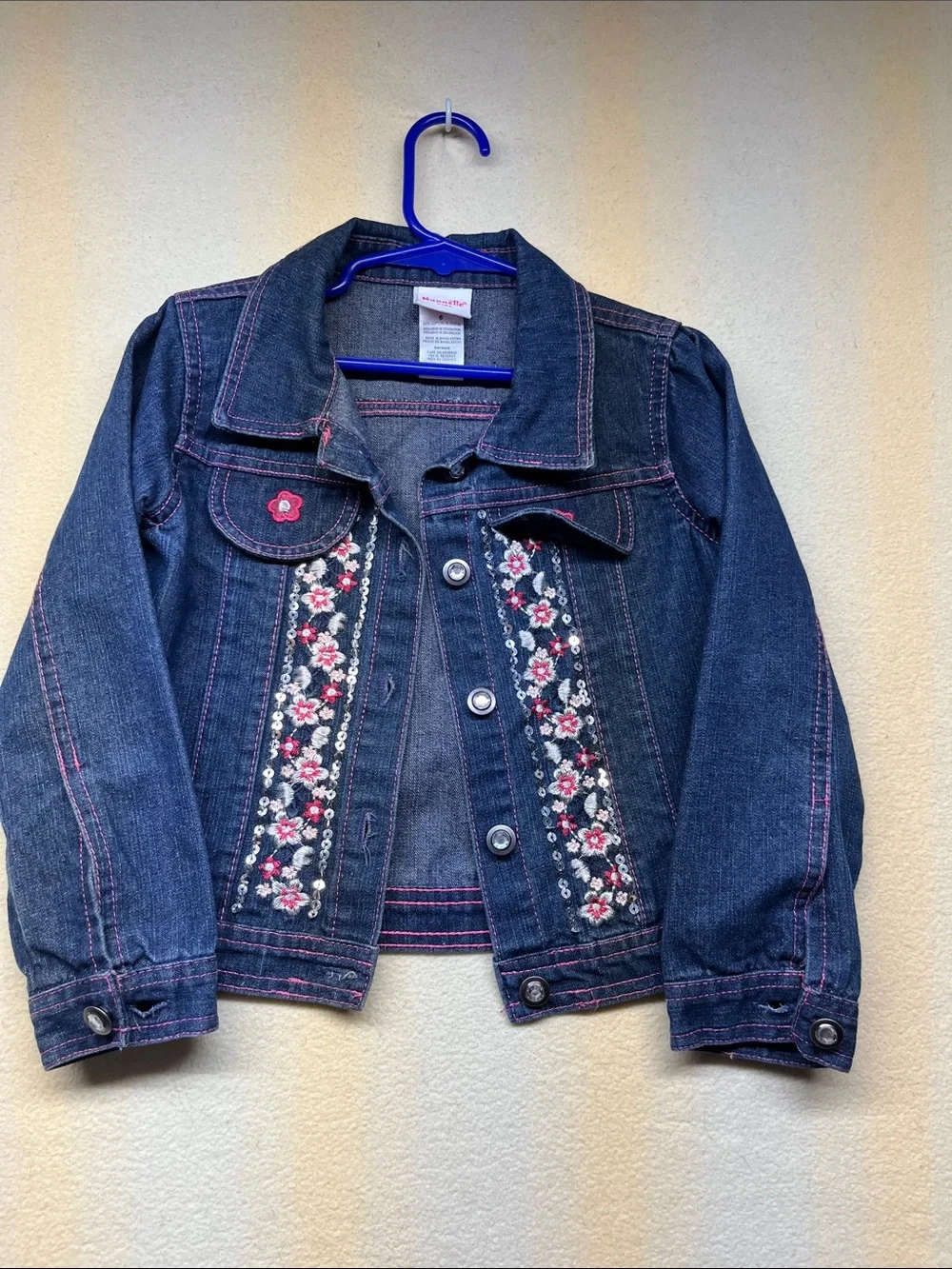 Girls Dark Blue Denim Jacket with Pink Floral Embroidery